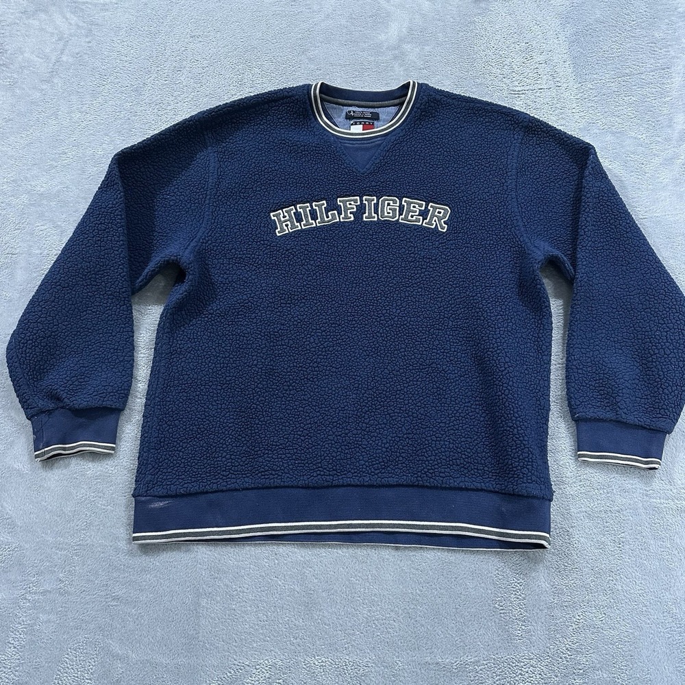 Tommy Hilfiger Sherpa Sweater Men's Large Blue Long Sleeve Y2K Vintage 90s